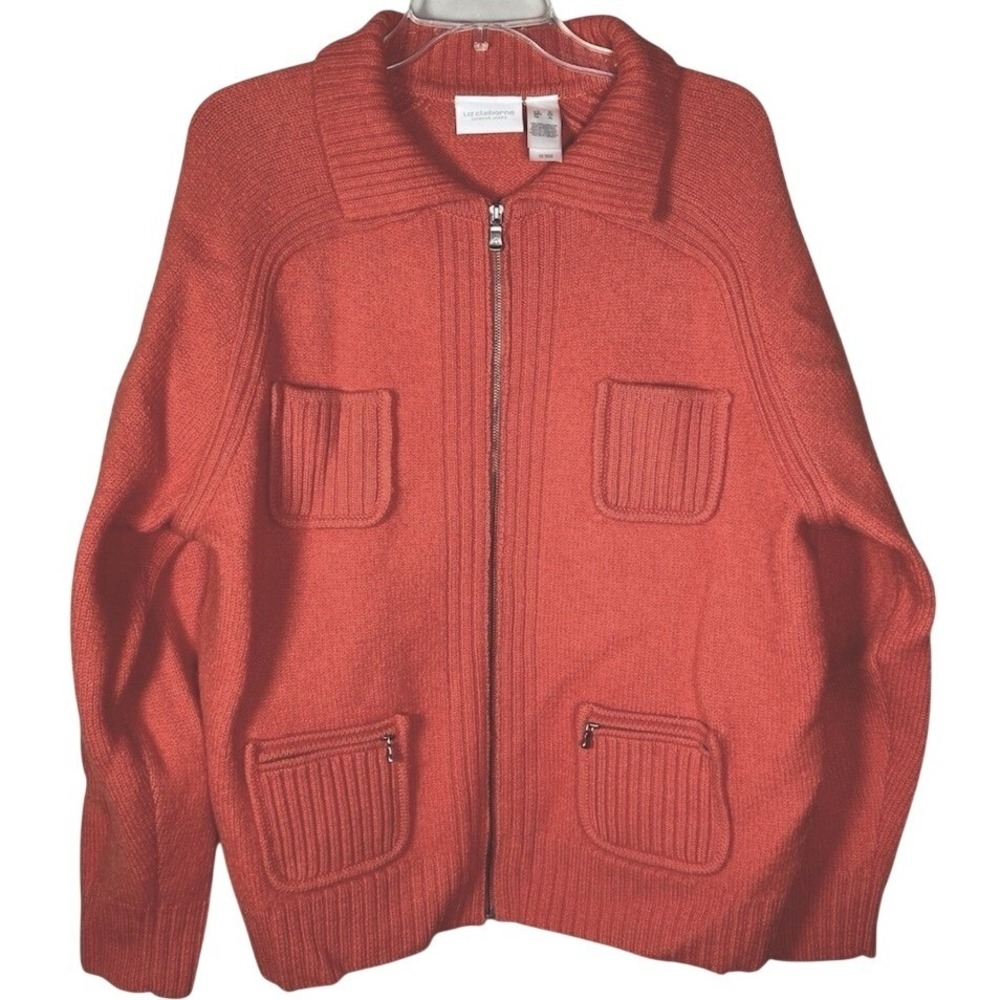 Liz Claiborne Heavy Wool‎ Zip Sweater Jacket Women XL Burnt Orange Rib Knit